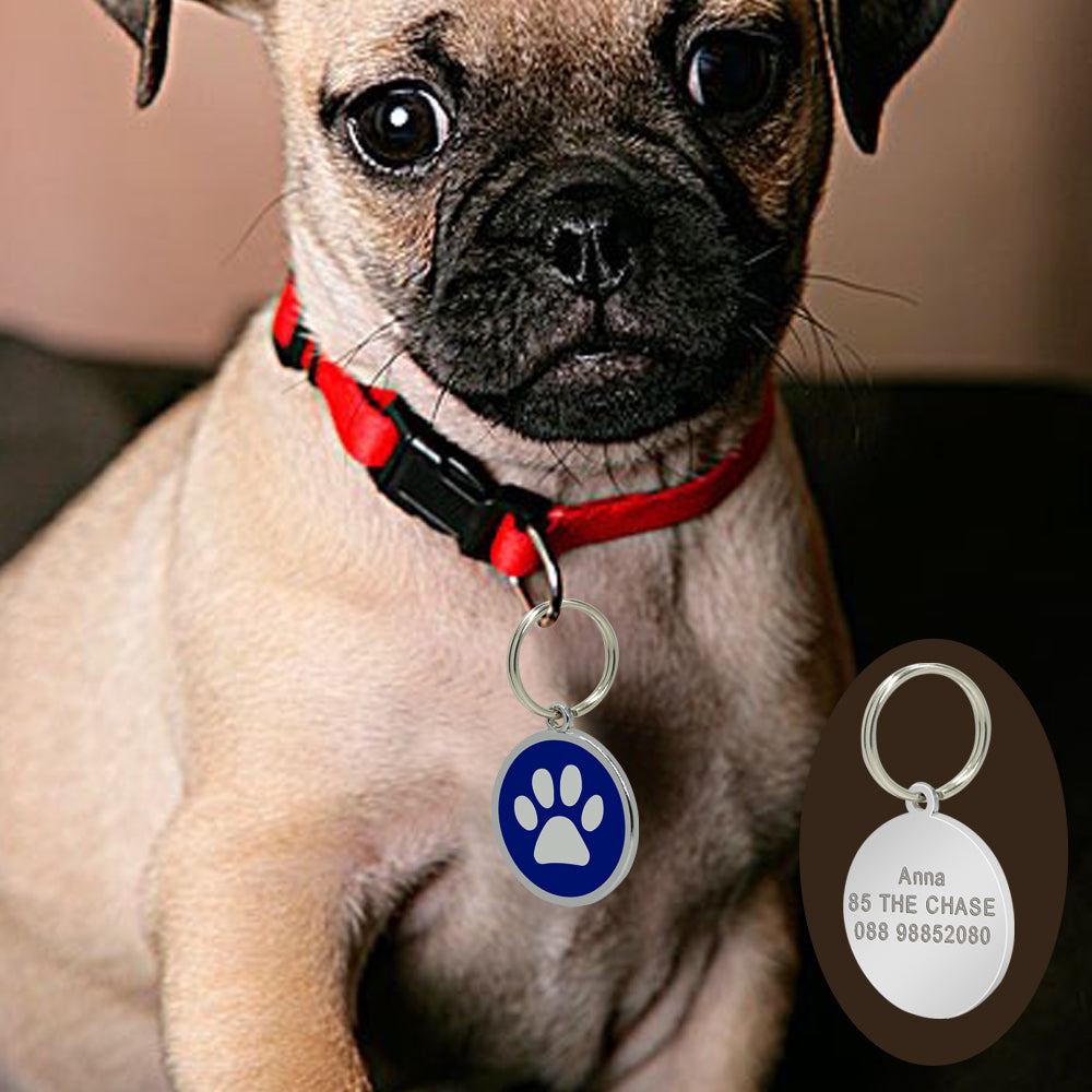 Personalized Pet ID Tag with Engraving - Round Paw Solid