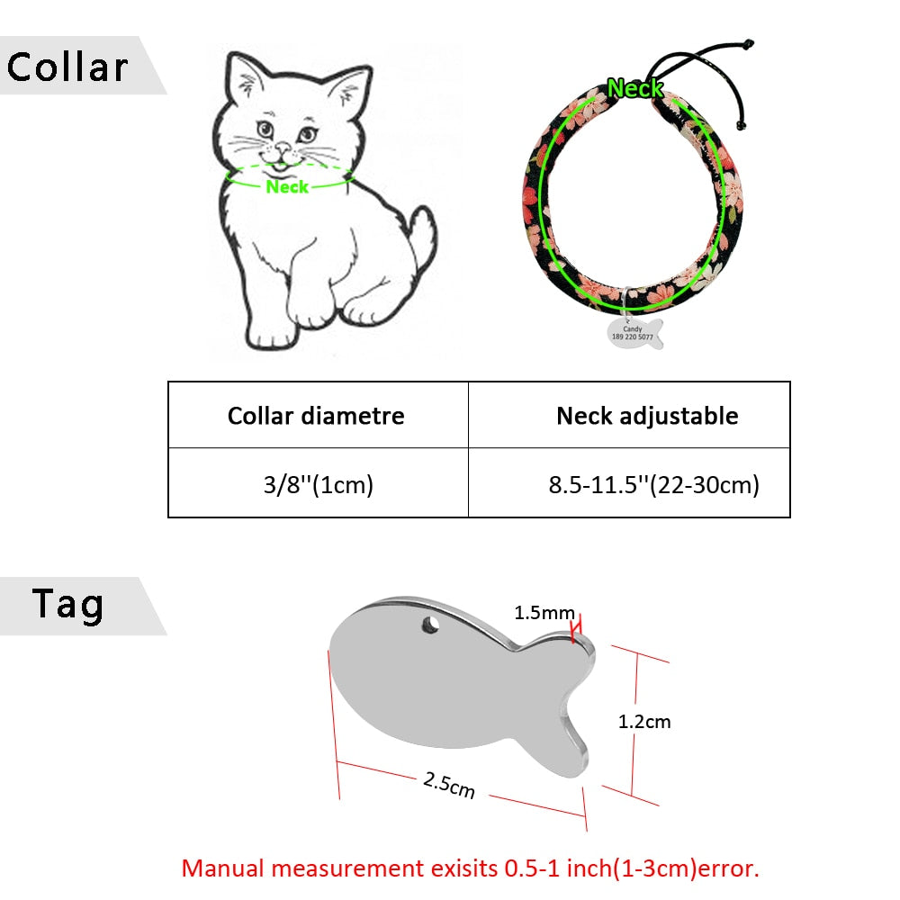 Handmade Japanese Kimono Flower Cat Collar with Bell and Personalized Metal ID Tag Engraving