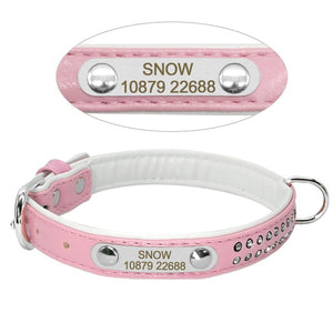 Padded Leather Pet Collar with Rhinestone and Personalized Metal ID Tag Engraving