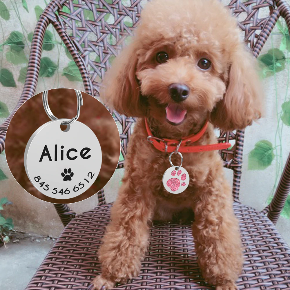 Personalized Pet ID Tag with Engraving - Round Paw Glitter